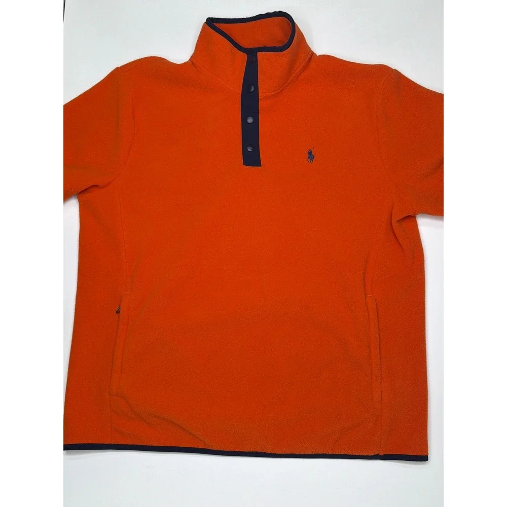 Polo Ralph‎ Lauren Men Orange Fleece Snap Neck Pullover Sweater Large